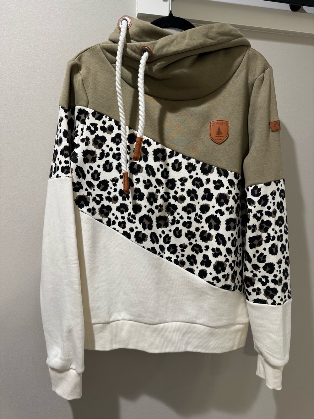 Wanakome Selene Khaki Leopard Colorblock Cowl Neck Hoodie L